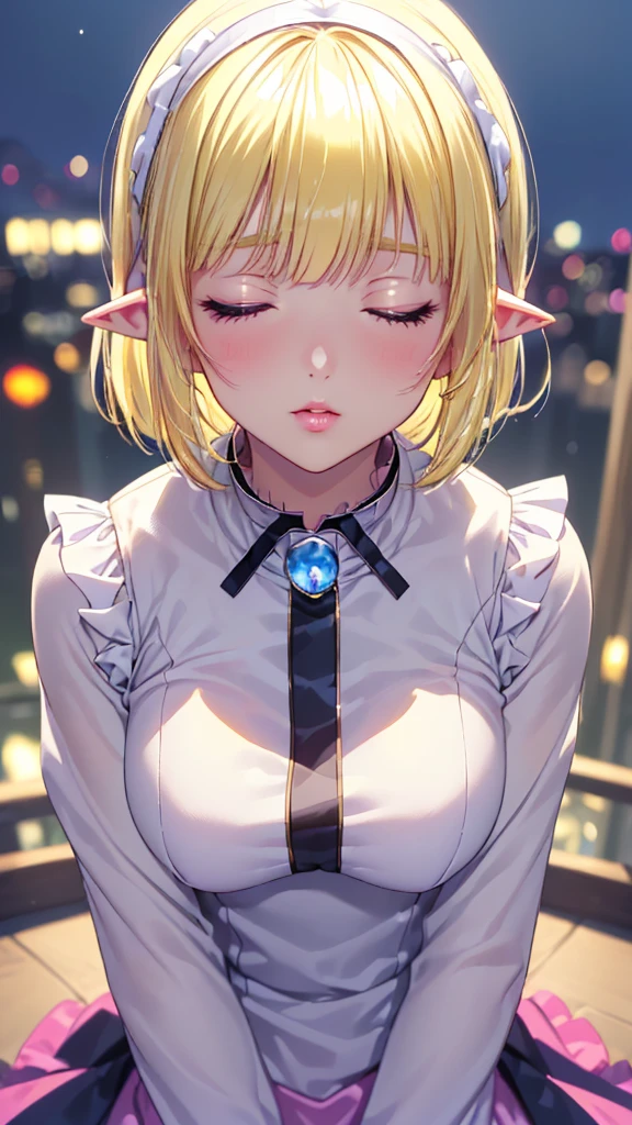 ((Closer to me))、((Focus on the upper body))、16k、masterpiece、High resolution、High resolution、((****ung elven female))、((Beautiful shiny white skin))、((Beautiful blonde))、((short hair))、((Close both eyes completely))、((Pointy Ears))、blush、Pink Lip Gloss、Shiny skin、((Neat clothes with frills))、((In a crowded city at night))、((Kiss me))