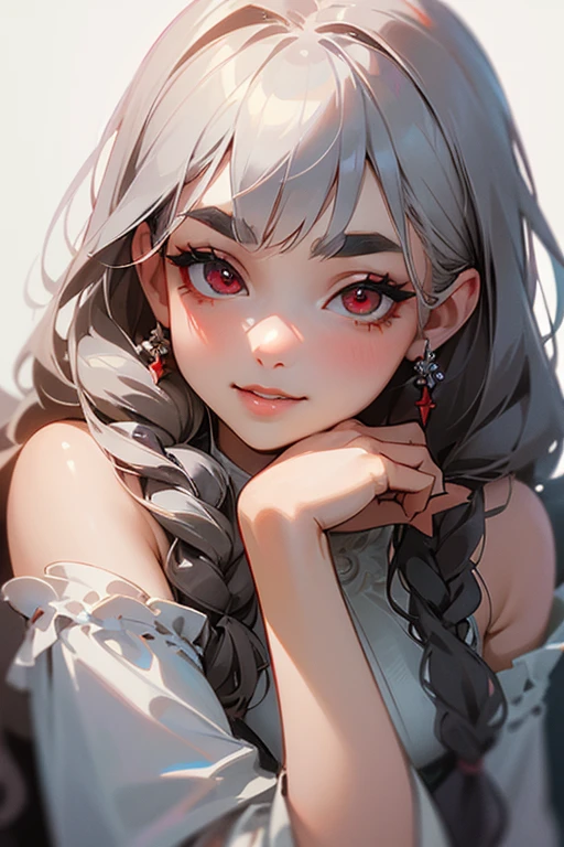 (highest quality, masterpiece:1.2), High resolution, 最高masterpiece、Very detailed, Realistic:1.37, Fantasy, An illustration,Gray Hair、 Red eyes、Queen, White Dress、beautifully、Eyeshadow Red、Thick eyebrows、Long eyelashes、pupils are black、shiny on the lips、Top Sites、Queen、Princess、A kind smile、Show your teeth a little and smile、Soft impression、people々々々々々々Loved by、Slimming the face、Shoulder Bare、Sexy braids、Kissing Face、Long white hair、Shaggy Bangs、Save face image、