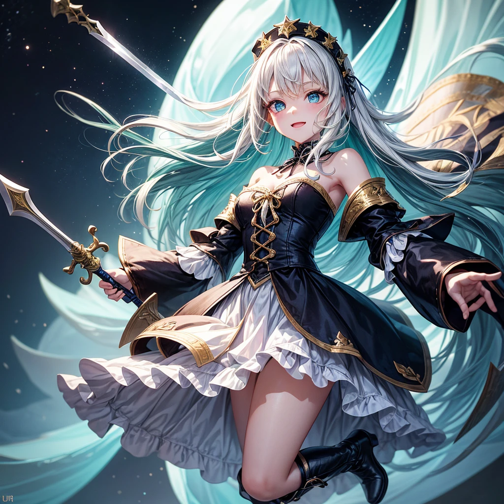 Star Fairy、best quality, ultra detailed, Full-HD, absurdres, a girl, fairy, hopeful, happy, standing, sword fighting, front view, blunt cut, long hair, white hair, colored inner hair, aqua hair, blue eyes, big eyes, detailed face, slender, green background, in the space, kawaii, concept art, hard-edged, full body shot, dynamic angle, golden ratio, leaping figure composition, depth of field, off shoulder, mini skirt, gothic ta, japanese clothes, long boots, with a staff, delicate facial features, 20-year-old, Joyful Scene