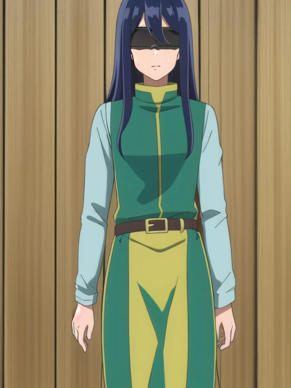 (((Best quality))),((Ultra-detailed)),((illustration)),((Disheveled hair)),((frilld)),(1 girl),1girl, belt, belt buckle, black hair, blindfold, blue hair, brown belt, buckle, cosplay, covered eyes, curtains, door, dress, eyepatch, green skirt, indoors, long hair, long sleeves, military, military uniform, shaded face, solo, standing, wood, wooden floor, wooden wall, A mask that covers the eyes, sleep mask