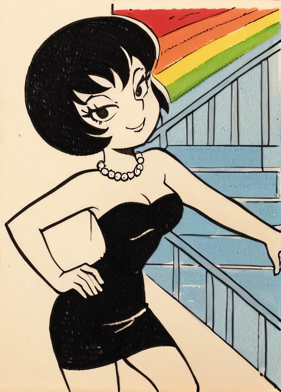 Jucika, traditional media, black eyes, black hair, short hair, flat color, solid color, colored skin, zPDXL, best quality, amazing quality, score 9, 1girl, collarbone, strapless black tube dress, pearl necklace, left hand on hip, right arm down, standing up, looking at viewer, half-closed eyes, a colorful mansion with stairs background, seductive smile