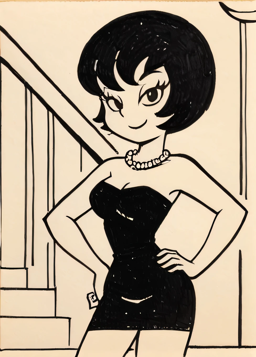 Jucika, traditional media, black eyes, black hair, short hair, flat color, solid color, colored skin, zPDXL, best quality, amazing quality, score 9, 1girl, collarbone, strapless black tube dress, pearl necklace, left hand on hip, right arm down, standing up, looking at viewer, half-closed eyes, a colorful mansion with stairs background, seductive smile