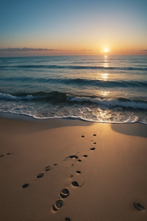 Imagem de uma praia com por do sol e passarinhos pretos no fundo (imagem no estilo desenho)