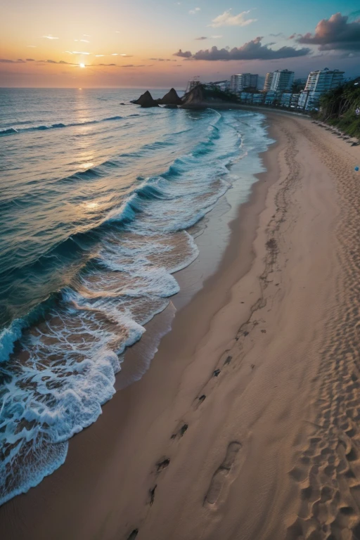 Imagem de uma praia com por do sol e passarinhos pretos no fundo (imagem no estilo desenho)