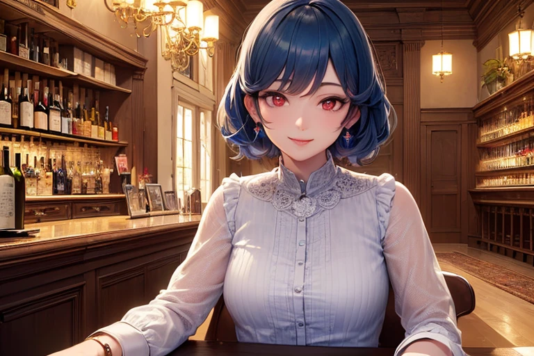 (((masterpiece))), (((best quality))), ((ultra-detailed)), (highly detailed CG illustration), ((an extremely delicate and beautiful)),looking at viewer,((smiling)),mature female,((dark, wine red eyes)), ((light-blue hair)),bar,indoor,Quiet atmosphere,dim