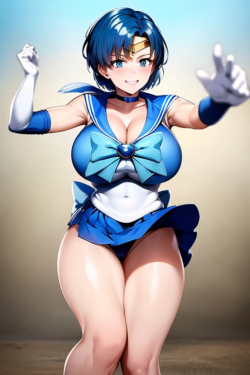 masterpiece, high definition, best quality, rendered art, well formed hands, fingers and body, 1 woman, solo, sailor mercury, adult, grown up, big breasted, cleavage, full body, , sexy sailor senshi uniform, short blue skirt, blue boots, gorgeous hips, legs and thighs, blond, white elbow gloves, sailor collar, tiara,she is fighting in a combat match, showing her fighting skills, making her guard, about to hit the viewer, looking at the viewer, sweating, bouncing breasts, smiling joyfully and brightly, being confident and proud, action and fighting scene, martial arts arena with beach environment    