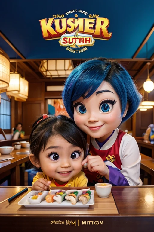 Elemen-elemen seperti sushi roll, ikan, sumpit, atau karakter yang terkait dengan budaya Jepang bisa digunakan. Pertahankan estetika yang mengacu pada makanan Jepang, khususnya sushi. disney pixar style, "LOWONGAN": Ini bisa ditempatkan di bagian atas atau bawah logo dengan font yang mudah dibaca dan tetap konsisten dengan tema Disney Pixar."SUSHI MOM": Ini adalah nama utama restoran dan harus menjadi fokus utama dari logo. Gunakan palet warna cerah dan menyenangkan yang biasa digunakan dalam karya Disney Pixar. Warna-warna ceria.