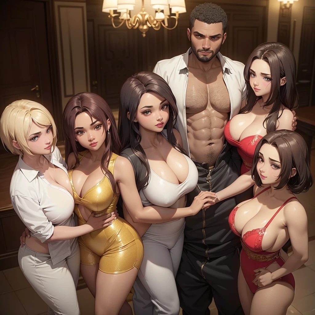 (Best Quality, 2k, Masterpiece, QHD: 1.3, A Handsome short haired african barbarian   man is surrounded by three women up against him touching him and gaze at him, at a mansion, wearing Tracksuits that show off body, perfect bodies, women: long flowing hair, seductive, materials, golden hour, , jewelry, golden hour, photorealistic, masterpiece, in love, small grin, perfect faces, Flirtatious-groping 