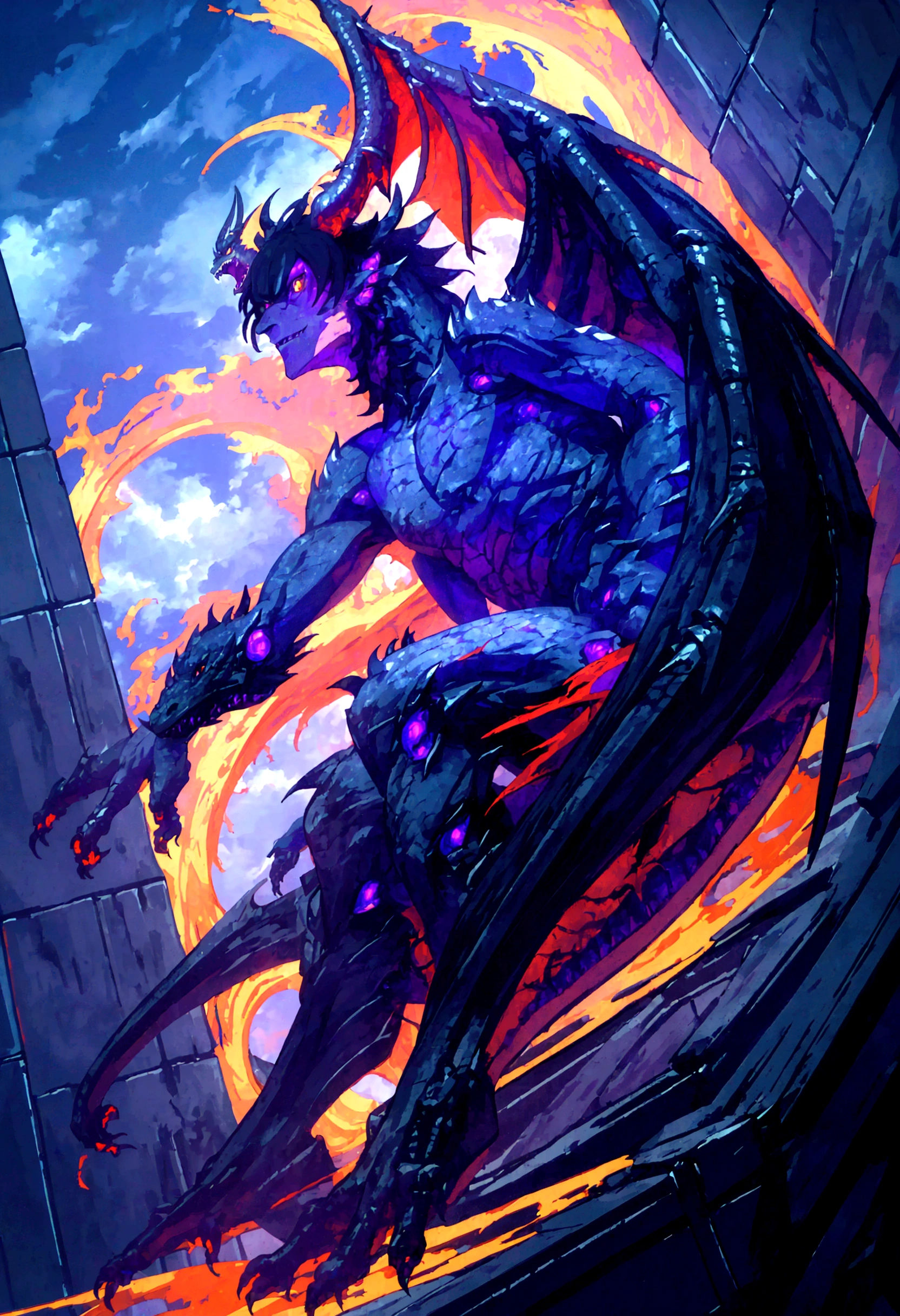 1 man, alone, long black hair, ((half human and half dragon)), 30 years old, black scales on his arm, horns coming out of his neck, frightening look, breath of fire character; Hybrid character of Human and dragon, full body; ((best angle)); ((better details)); human form