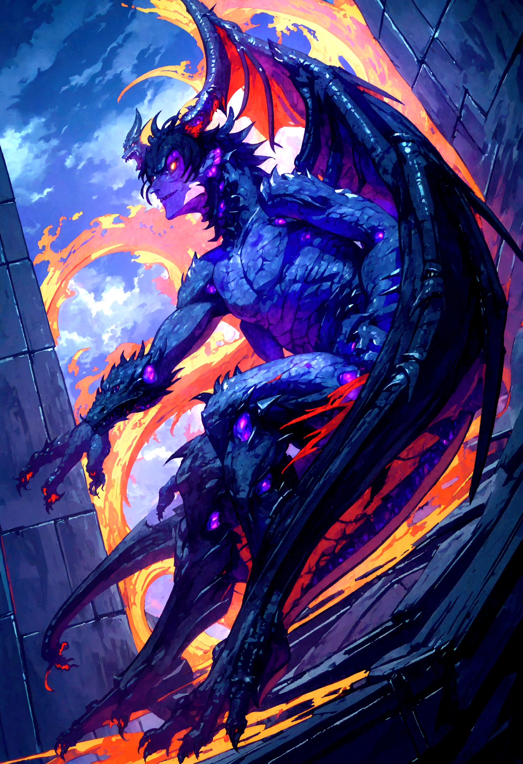 1 man, alone, long black hair, ((half human and half dragon)), 30 years old, black scales on his arm, horns coming out of his neck, frightening look, breath of fire character; Hybrid character of Human and dragon, full body; ((best angle)); ((better details)); human form