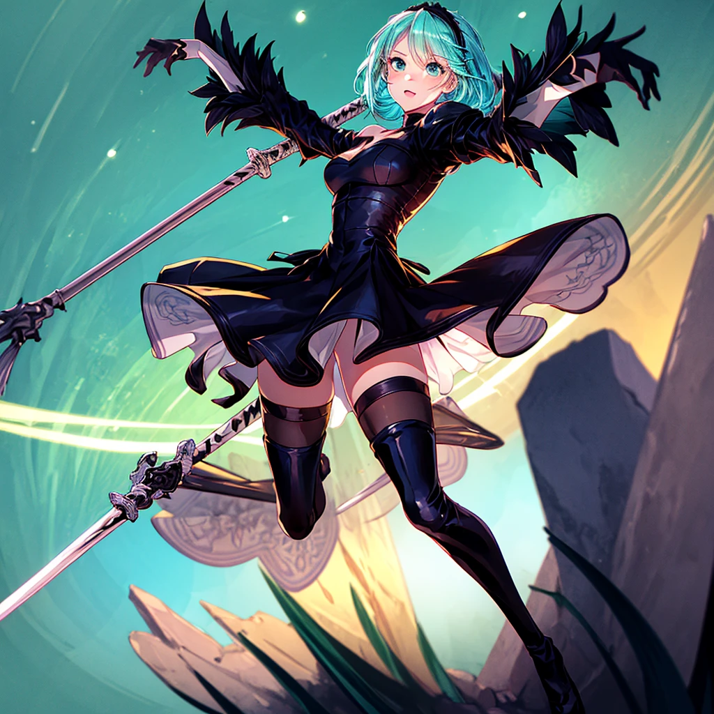 Star Fairy、Dynamic composition、best quality, ultra detailed, Full-HD, absurdres, a girl, fairy, hopeful, happy, standing, sword fighting, front view, blunt cut, long hair, white hair, colored inner hair, aqua hair, blue eyes, big eyes, detailed face, slender, green background, in the space, kawaii, concept art, hard-edged, full body shot, dynamic angle, golden ratio, leaping figure composition, depth of field, off shoulder, mini skirt, gothic lolita, japanese clothes, long boots, with a staff, delicate facial features, 20-year-old, Joyful Scene