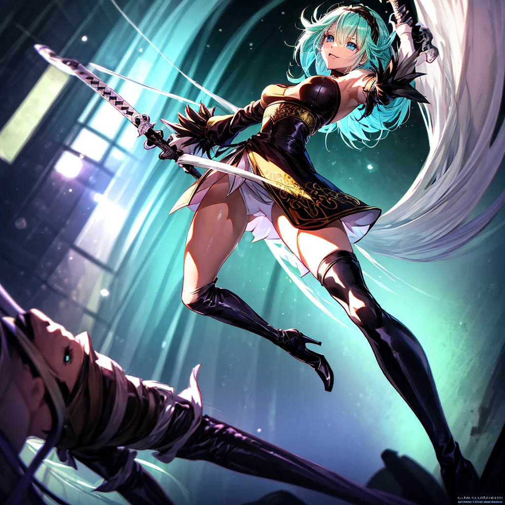Star Fairy、Dynamic composition、best quality, ultra detailed, Full-HD, absurdres, a girl, fairy, hopeful, happy, standing, sword fighting, front view, blunt cut, long hair, white hair, colored inner hair, aqua hair, blue eyes, big eyes, detailed face, slender, green background, in the space, kawaii, concept art, hard-edged, full body shot, dynamic angle, golden ratio, leaping figure composition, depth of field, off shoulder, mini skirt, gothic ta, japanese clothes, long boots, with a staff, delicate facial features, 20-year-old, Joyful Scene
