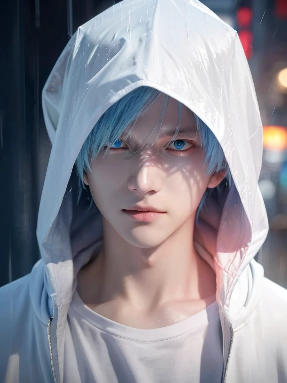 boy with blue eyes and hoodie in the rain, kaneki ken, ken kaneki, tokyo ghoul, tall guy with blue eyes, boy, with red glowing eyes