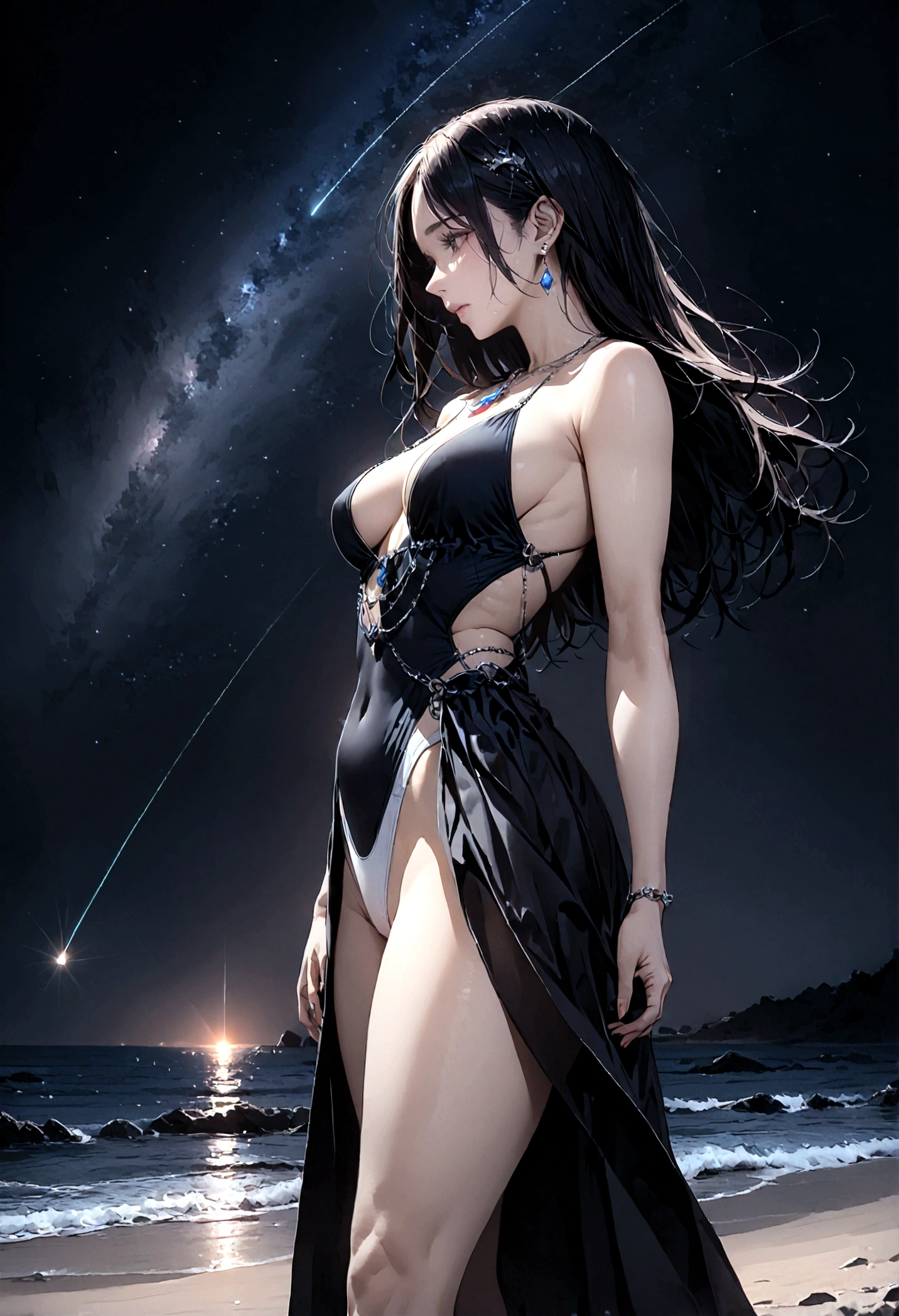 8k, masterpiece, RAW Photos, highest quality, Realistic, Very detailed, Depth of written boundary, Cinematic Light, Anatomically correct body,
One beautiful 40 year old woman, Very beautiful face, Exquisitely detailed face, (A calm and gentle face:1.4), Very delicate skin texture, Transparent muscle, Shiny white skin, Glamorous Body,
(Wavy black long hair:1.2), Sexy Breasts, Sexy ass,
(White high-leg dress swimsuit:1.4), (Detailed cloth texture:1.2), (Gorgeous jewel-studded body chain accessories:1.3), (Gorgeous necklace:1.1), (Gorgeous earrings:1.1),
(Dark starry background:1.4), (Milky Way:1.1), (milky way:1.1), (shooting star:1.1), (Dark coastline at night:1.4), (Pitch black sea surface:1.4),
(Standing on the beach:1.2),
(Low angle shot:1.5),