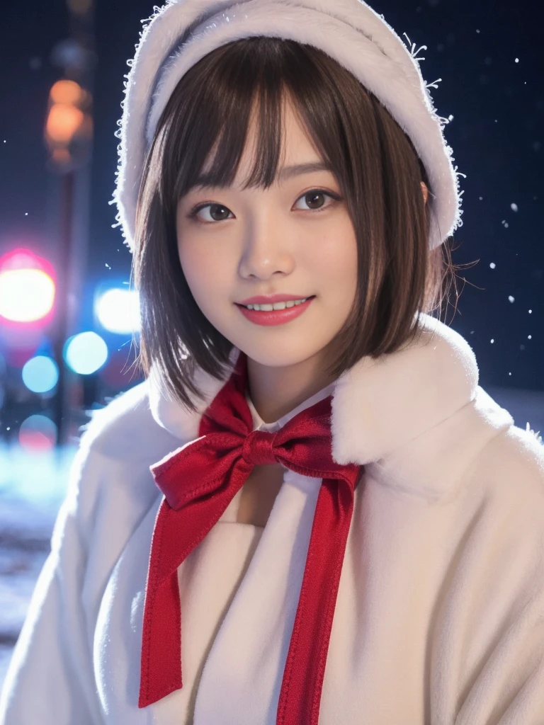 1girl, santa claus costume, symmetry, beautiful cute young girl, slender figure, (ultra short hair:1.5), ultra big smile, (Beautiful large round droped detailed eyes:1.0), beautiful detailed lips, extremely detailed face, natural makeup,Incredibly beautiful skin, (best quality,4k,8k,highres,masterpiece:1.5),(ultra-detailed,realistic,photorealistic,photo-realistic:1.75),professional,vivid colors,studio lighting,snowing night town,christmas eve
