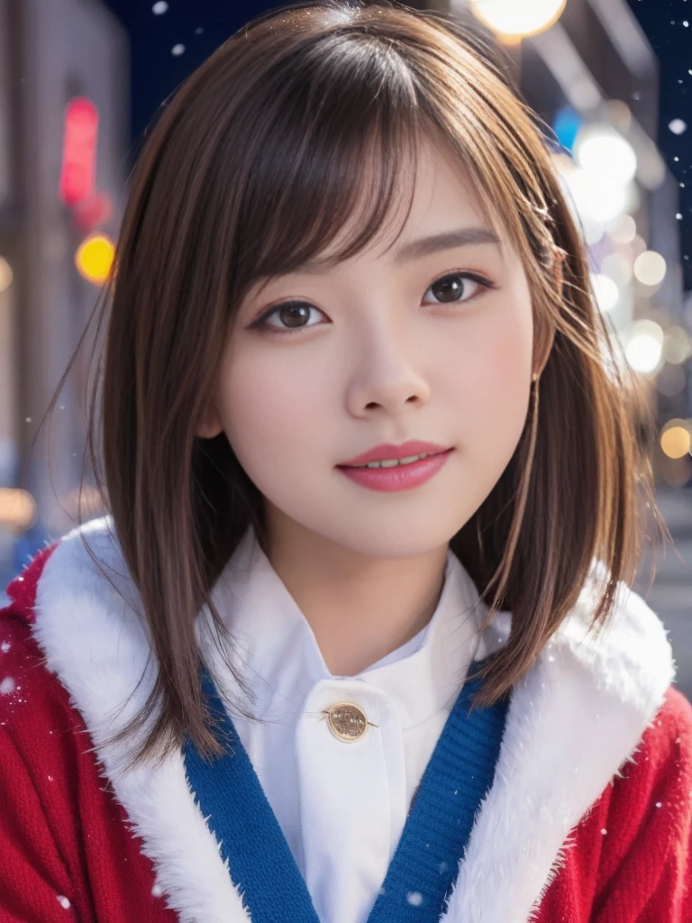 1girl, santa claus costume, symmetry, beautiful cute young girl, slender figure, (ultra short hair:1.5), ultra big smile, (Beautiful large round droped detailed eyes:1.0), beautiful detailed lips, extremely detailed face, natural makeup,Incredibly beautiful skin, (best quality,4k,8k,highres,masterpiece:1.5),(ultra-detailed,realistic,photorealistic,photo-realistic:1.75),professional,vivid colors,studio lighting,snowing night town,christmas eve