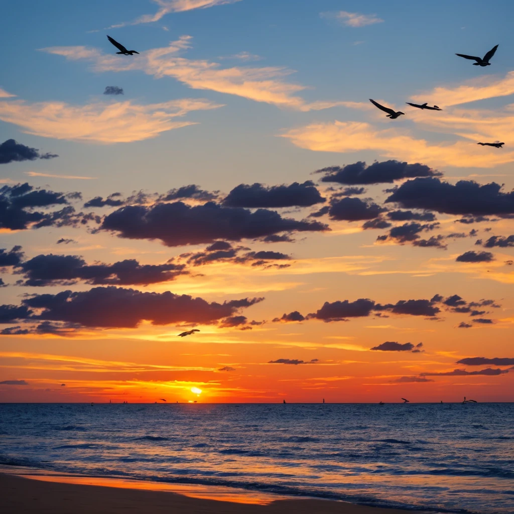 A beach with sunset and birds in the sky 