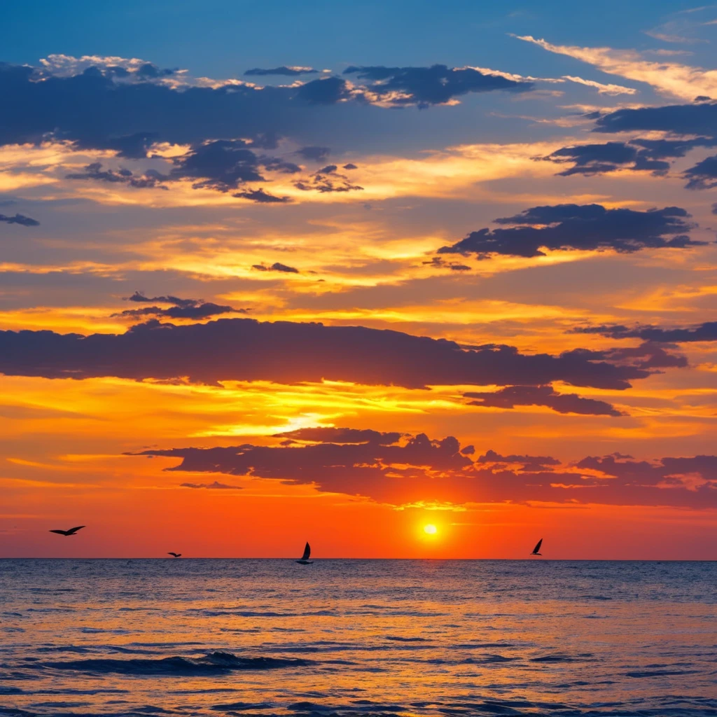 A beach with sunset and birds in the sky