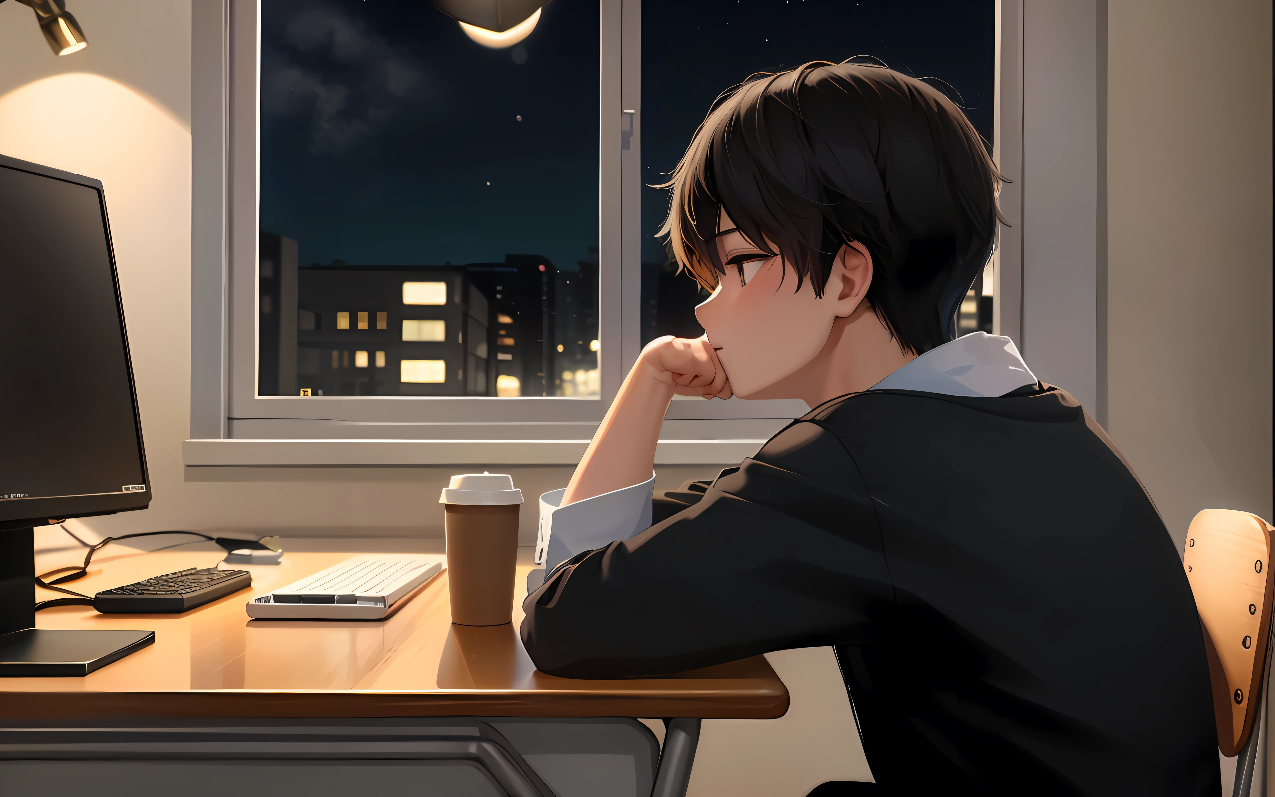 anime boy sitting at a desk with a computer and a cup of coffee, anime art wallpaper 8 k, 4k anime wallpaper, smooth anime cg art, digital anime illustration, Makoto Shinkai. digital display, anime style 4 k, anime art wallpaper 4k, anime art wallpaper 4 k, anime wallpaper 4k, anime wallpaper 4 k, anime. soft light