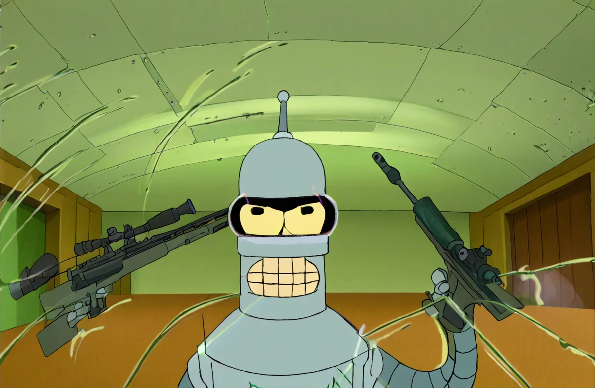 score_9, score_8_up, score_7_up, IncrsSnootChallenge, comic, pov hands, motion lines, motion blur, Bender holding Sniper Rifles inside Hotel, angry and mad, Futurama Style