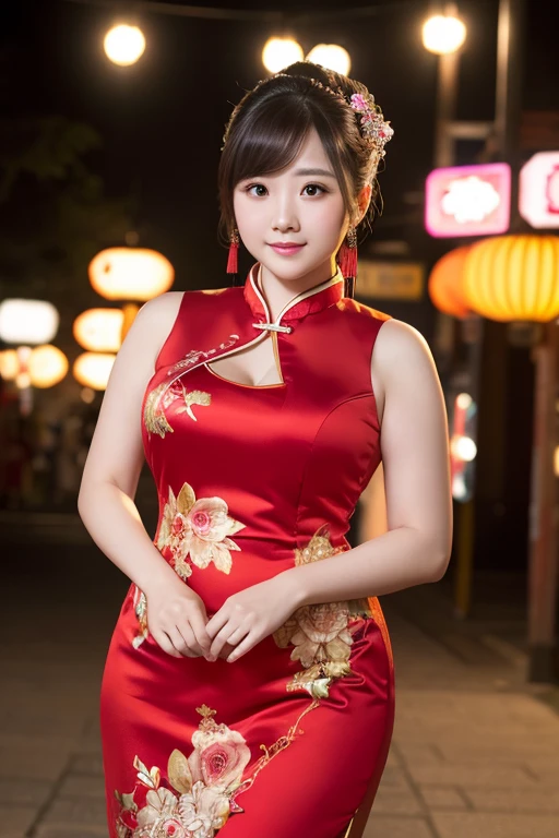 1 woman, overweight, chinese dress, extremely fat, chubby, Japanese, 4K, high resolution, masterpiece, best quality, good skin, sharp focus, (movie lights)