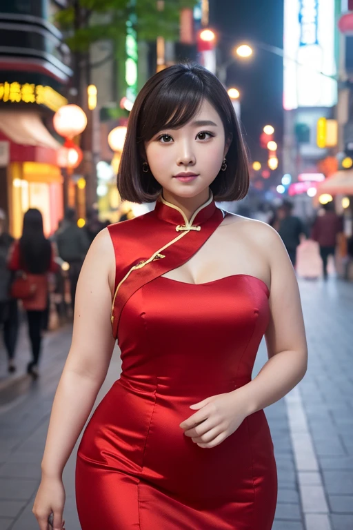 1 woman, overweight, chinese dress, extremely fat, chubby, Japanese, 4K, high resolution, masterpiece, best quality, good skin, sharp focus, (movie lights)