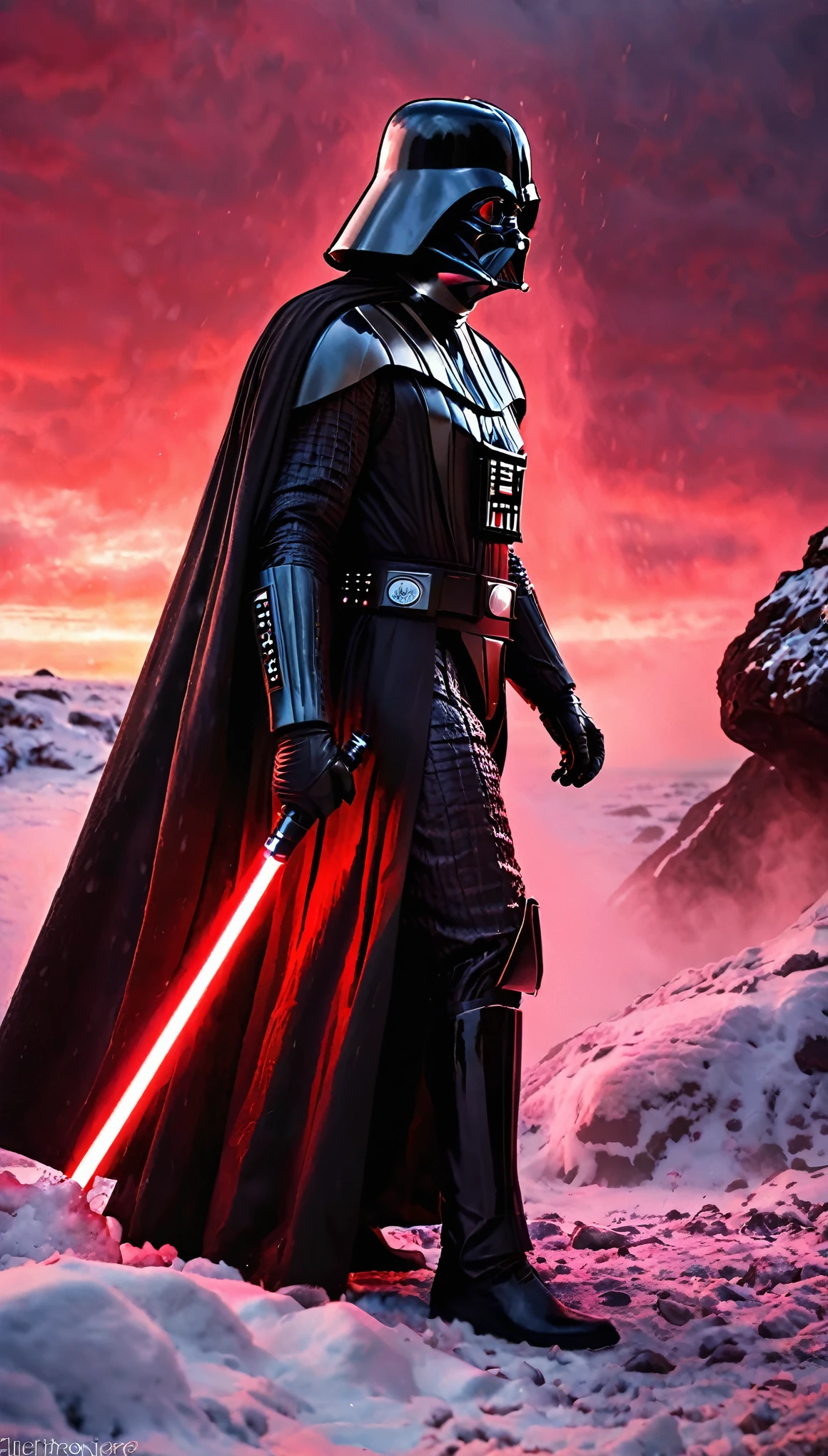 a highly detailed and realistic Darth Vader, red lightsaber in hand, dramatic sunset, red fog in the background, snowy ground, huge wet black rocks, cinematic lighting, photorealistic, 8k, hyperdetailed