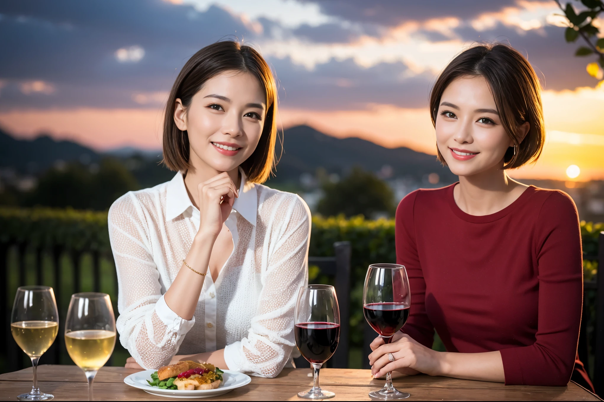 ((highest quality、8k、masterpiece:1.3))、 (Realistic, Real、Bright image、Intricate details:1.2), Best smile 1 man 1 woman、Beautiful couple、lover、couple、spouse、Beautiful couple、Happy smile、full-course dinner、 (Slim face), (Slim Body), (Brown Hair), (Short Hair), テーブルの上のwine glass、Please put light on my face、 Amazing view of the sunset sky and clouds、 (Age 44), 39 years old, red wine 、Appetizers、Wine bottle、sparkling wine、Long sleeve shirt、dress、White wine, red wine, wine glass,