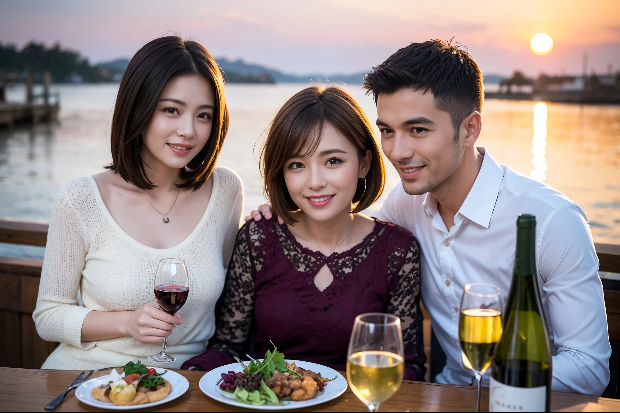 ((highest quality、8k、masterpiece:1.3))、lover、spouse、Beautiful couple、smile、full-course dinner、 (Slim face), (the body is スリム), (Brown Hair), (Short Hair), Wine glasses on the table、Amazing view of the sunset sky and clouds、 (Age 37), 39 years old, Wine bottle、Champagne、sparkling wine、Long sleeve shirt、dress、White wine, red wine,