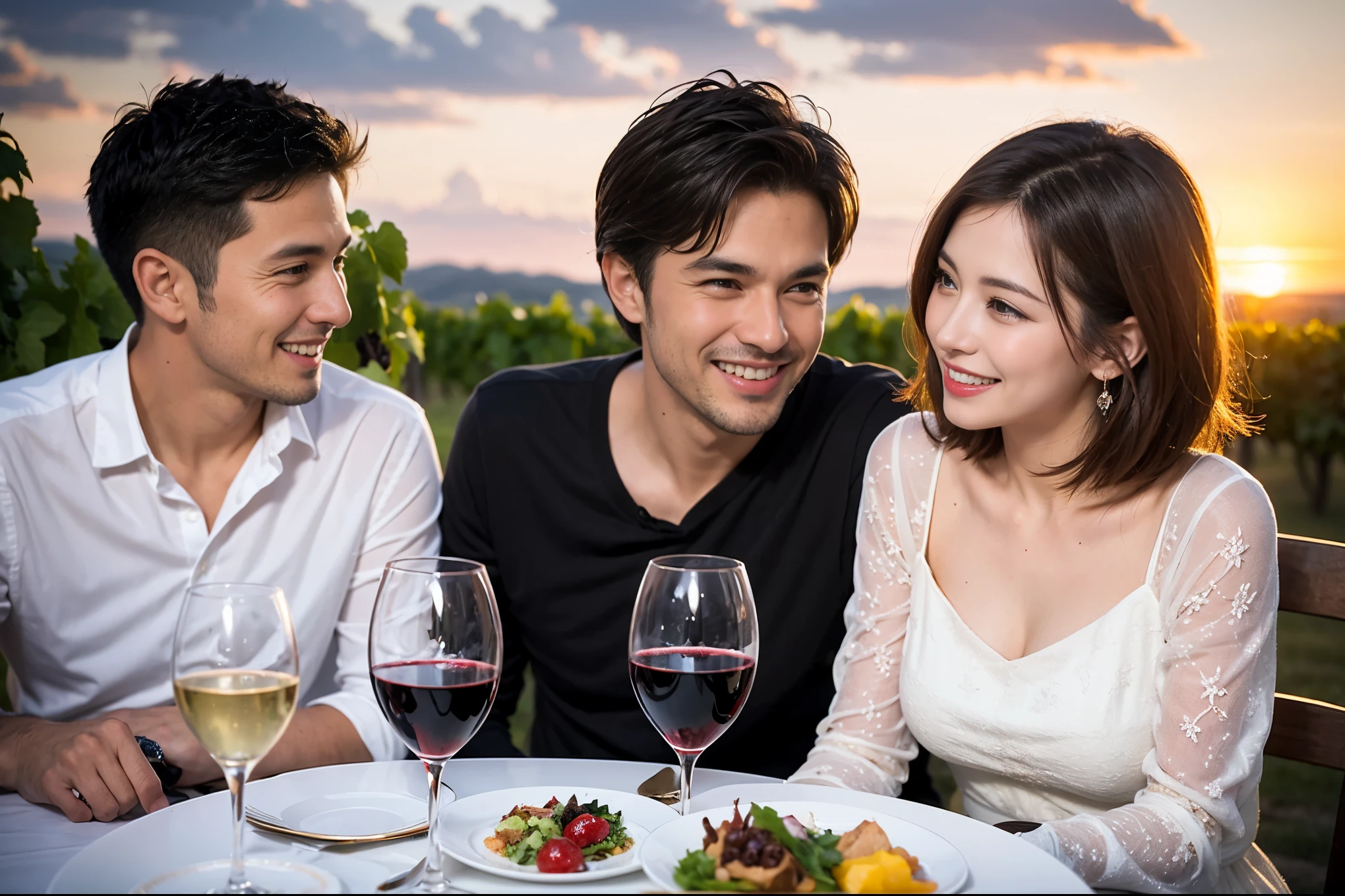((highest quality、8k、masterpiece:1.3))、 (Realistic, Real、Bright image、Intricate details:1.2), Best smile 1 man 1 woman、Beautiful couple、lover、couple、spouse、Beautiful couple、Happy smile、full-course dinner、 (Slim face), (Slim Body), (Brown Hair), (Short Hair), テーブルの上のwine glass、Please put light on my face、 Amazing view of the sunset sky and clouds、 (Age 44), 39 years old, red wine 、Appetizers、Wine bottle、sparkling wine、Long sleeve shirt、dress、White wine, red wine, wine glass,