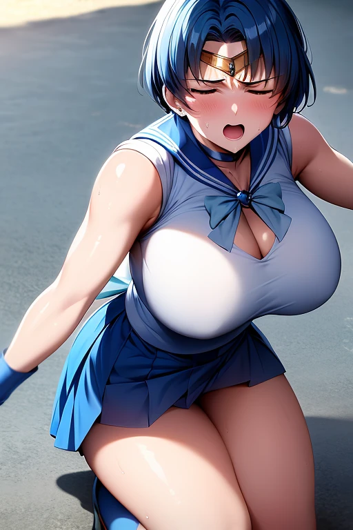 masterpiece, high definition, best quality, rendered art, well formed hands, fingers and body, 1 woman, solo, sailor mercury, adult, grown up, big breasted, cleavage, full body, , sexy sailor senshi uniform, short blue skirt, blue boots, gorgeous hips, legs and thighs, blond, white elbow gloves, sailor collar, tiara, ryona , in peril, she is being beaten up by her opponent, she is knocked down and she is slapped in the face and being slammed against the floor, being humiliated by her opponent, receiving the impact of her opponent's attacks, closed eyes, screaming in pain and agony, ryona and perilous scene, bouncing breasts, weak and helpless, martial arts tournament on the beach