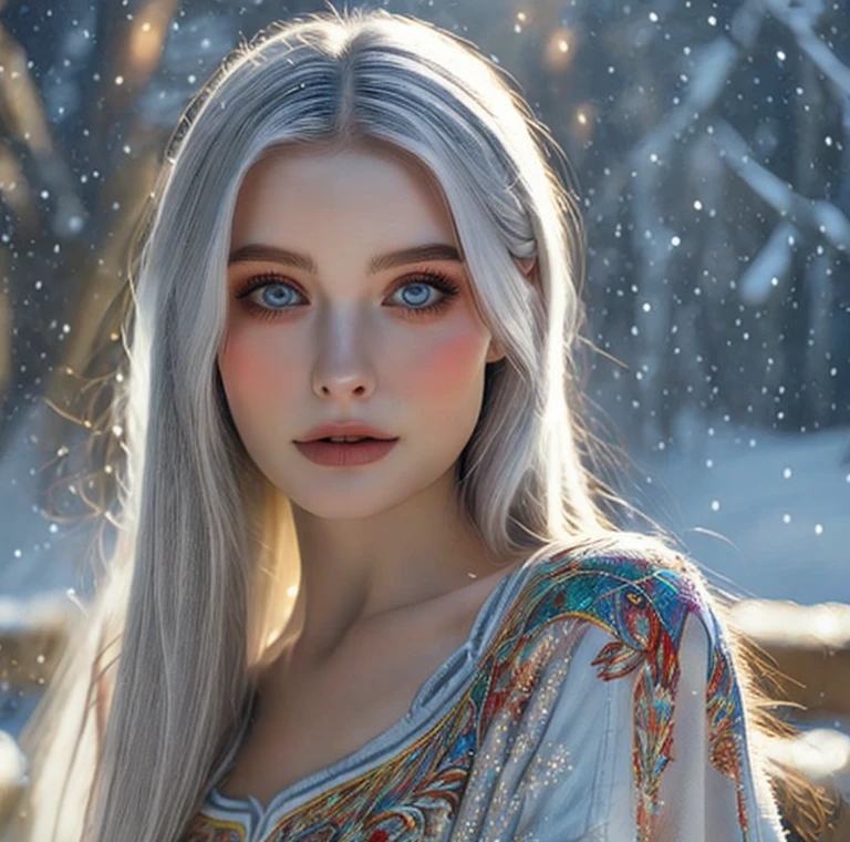 Beautiful girl, blue eyes, white hair, detailed facial traits, national turkic female dress, naked breasts, yurta behind, it's snowing