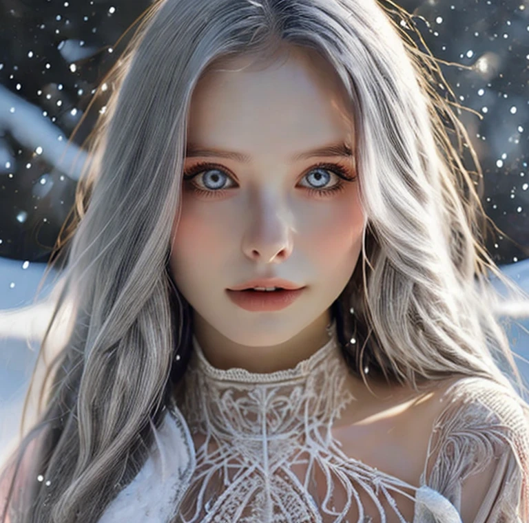 Beautiful girl, blue eyes, white hair, detailed facial traits, national turkic female dress, naked breasts, yurta behind, it's snowing