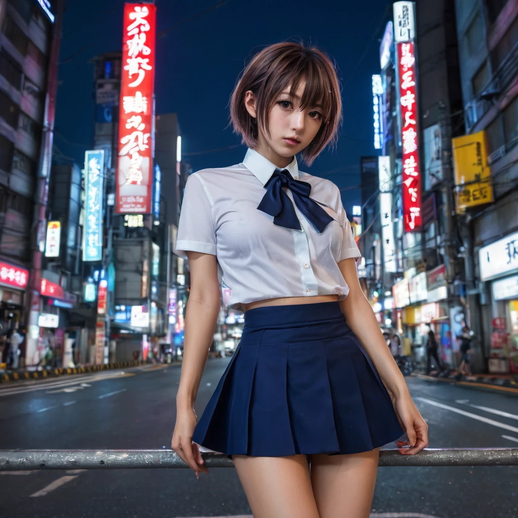 (8k, RAW photo, masterpiece:1.3), (realistic, photo-realistic:1.37), (night), (looking at viewer:1.331), (bloody hair), posing, Tokyo street, nightcityscape, cyberpunk city, soft light, 1girl, extremely beautiful face, bust, put down hands, Random hairstyle, Random expression, big eyes, lower abdomen, (short-sleeved .JK_shirt), JK_style, (dark blue short JK_skirt), (bow JK_tie), mix4., best quality, nude, awesome breasts