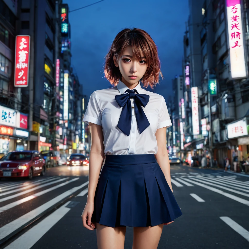 (8k, RAW photo, masterpiece:1.3), (realistic, photo-realistic:1.37), (night), (looking at viewer:1.331), (bloody hair), posing, Tokyo street, nightcityscape, cyberpunk city, soft light, 1girl, extremely beautiful face, bust, put down hands, Random hairstyle, Random expression, big eyes, lower abdomen, (short-sleeved .JK_shirt), JK_style, (dark blue short JK_skirt), (bow JK_tie), mix4., best quality, nude, awesome breasts