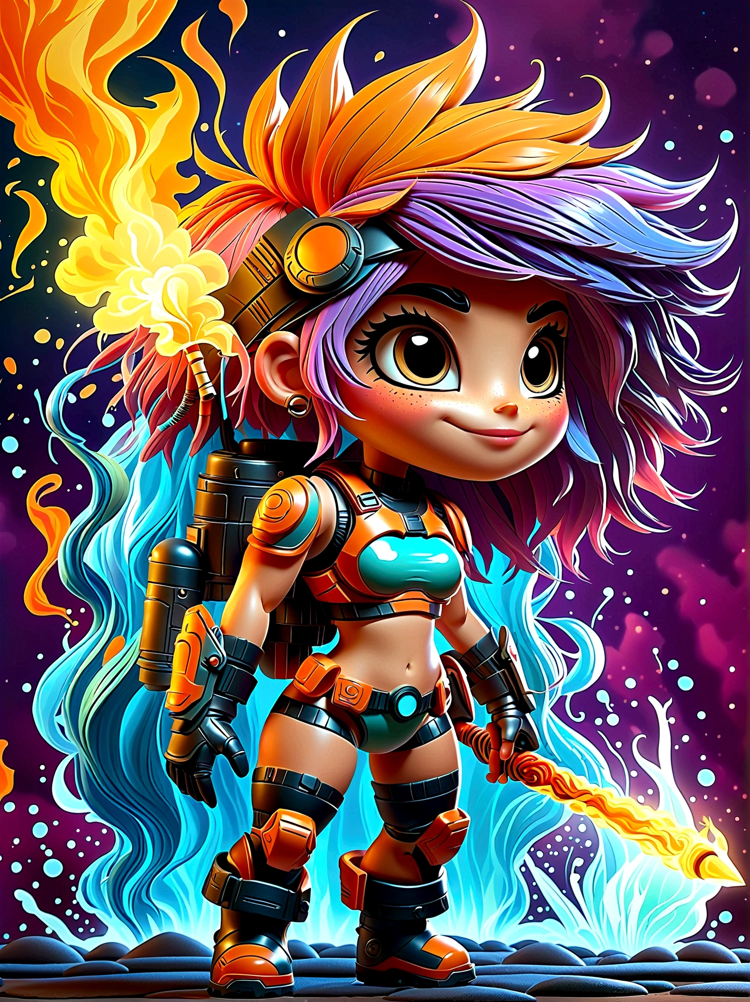 (masterpiece，Best quality:1.2，lifelike:1.4)，Cartoon Characters，Vector illustration，Abstract style 1girl,full body,smoke,water,cloud,fire,, best quality, ultra high res, (photorealistic:1.4), Non-representational, colors and shapes, expression of feelings, imaginative, highly detailed, (transparent heavy armor warrior tranzp suit:1) neon vein, heavy armor helmet with purple and orange neon transparent glow made of ral-ledlights, 1kexx1