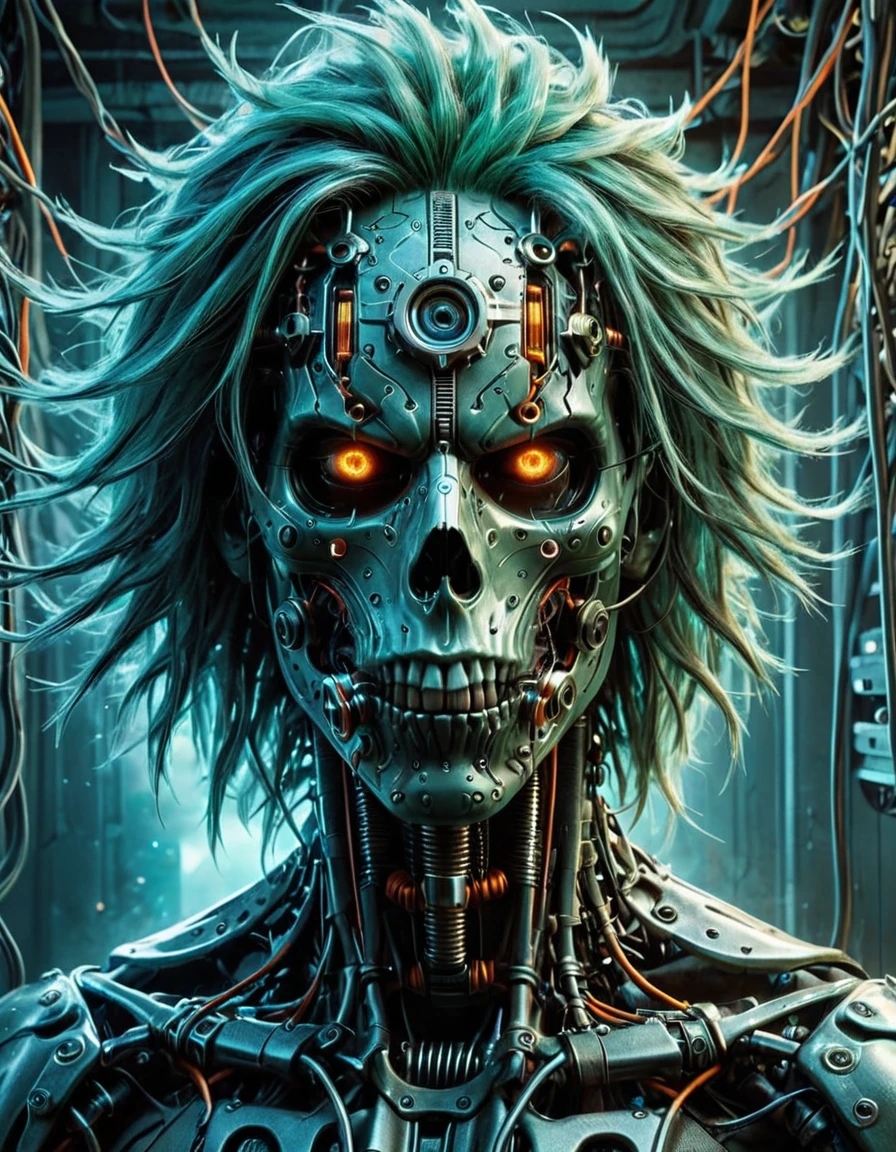 (masterpiece:1.3), a digital painting (((3D, CGI))) of a demonic looking creature with long hair and a creepy look on it's face, a portrait of a man holding bolt in his mouth, a close up of a person with eyes of different color and size, edges of face disappearing turning into wires and tubes, gas mask equipped with massive air intakes, dirty cyan background, grunge texture, one eye closed, cyan eye, orange eye, man's face with spiky implants instead of hair and blue eyes in front of a grunge background, edges of his face disappearing turning into wires, edges of face disappearing turning into wires and tubes, edges of face disappearing turning into wires, face and body disappearing turning into wires, horrifying implants on the top of her head, a drawing in style of AIDA_ColGruBioMec, (artwork by AIDA_ColGruBioMec:1.3) (in style of H.R.Giger:1.1)