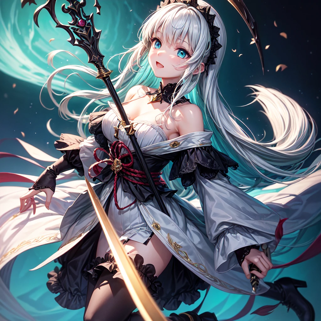 Star Fairy、Dynamic composition、best quality, ultra detailed, Full-HD, absurdres, a girl, fairy, hopeful, happy, standing, sword fighting, front view, blunt cut, long hair, white hair, colored inner hair, aqua hair, blue eyes, big eyes, detailed face, slender, green background, in the space, kawaii, concept art, hard-edged, full body shot, dynamic angle, golden ratio, leaping figure composition, depth of field, off shoulder, mini skirt, gothic ta, japanese clothes, long boots, with a staff, delicate facial features, 20-year-old, Joyful Scene
