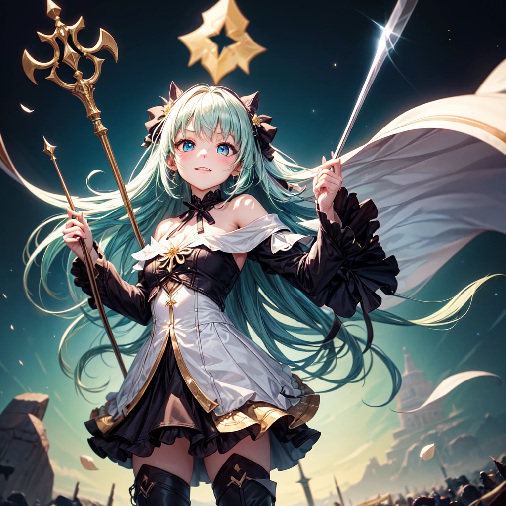 Star Fairy、Dynamic composition、best quality, ultra detailed, Full-HD, absurdres, a girl, fairy, hopeful, happy, standing, sword fighting, front view, blunt cut, long hair, white hair, colored inner hair, aqua hair, blue eyes, big eyes, detailed face, slender, green background, in the space, kawaii, concept art, hard-edged, full body shot, dynamic angle, golden ratio, leaping figure composition, depth of field, off shoulder, mini skirt, gothic ta, japanese clothes, long boots, with a staff, delicate facial features, 20-year-old, Joyful Scene