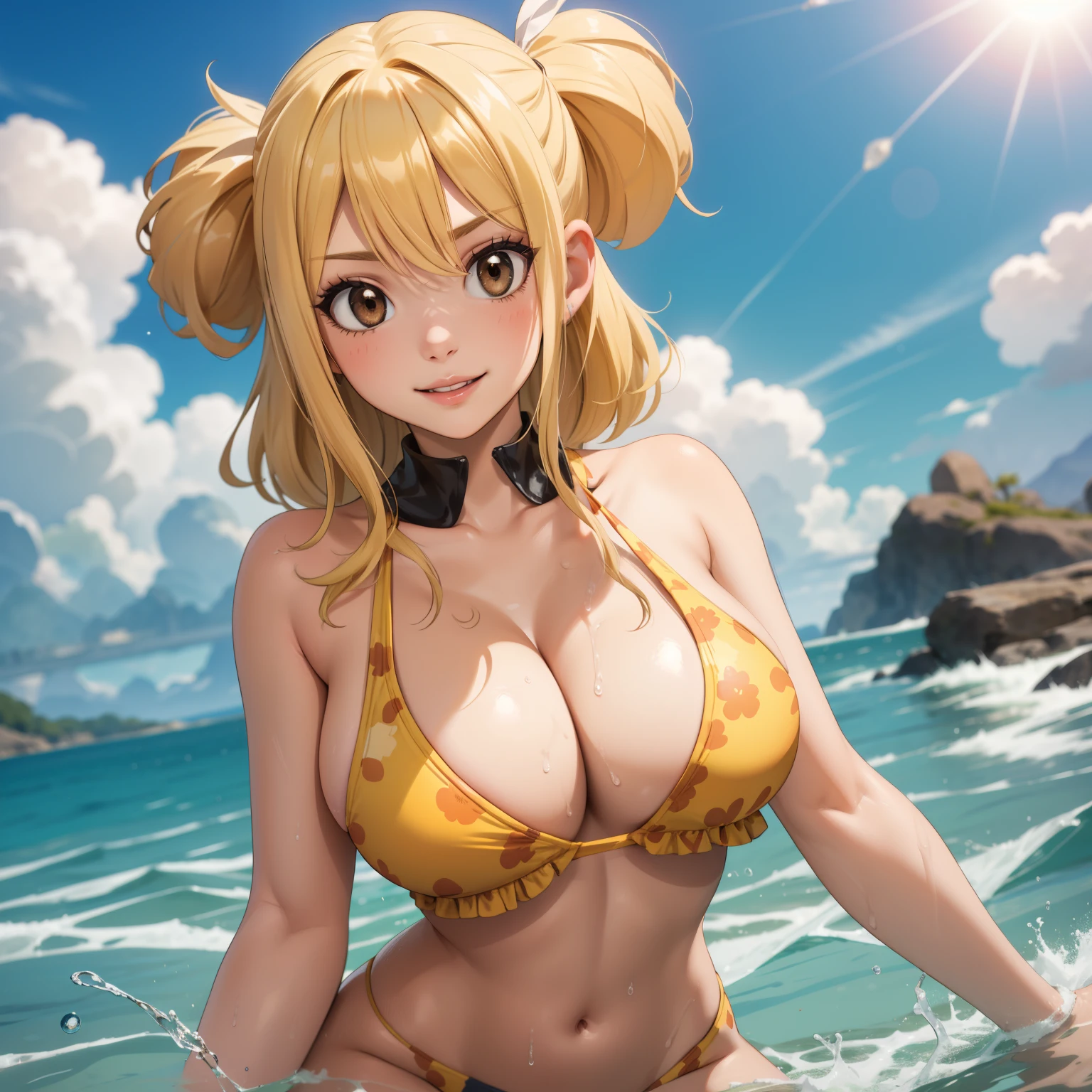 Lucy Heartfilia, Female 27 years old, cabello rubio, Brown eyes ,sonrisa ,big breasts yellow bikini with jaguar design, gotas de agua en su pecho, fondo un balneario. sunny day. cuerpo completo. rubia, pelo rubio 1 sola mujer , chica sola, pechos grandes, cuerpo mojado., cuerpo completo. manos en las caderas.