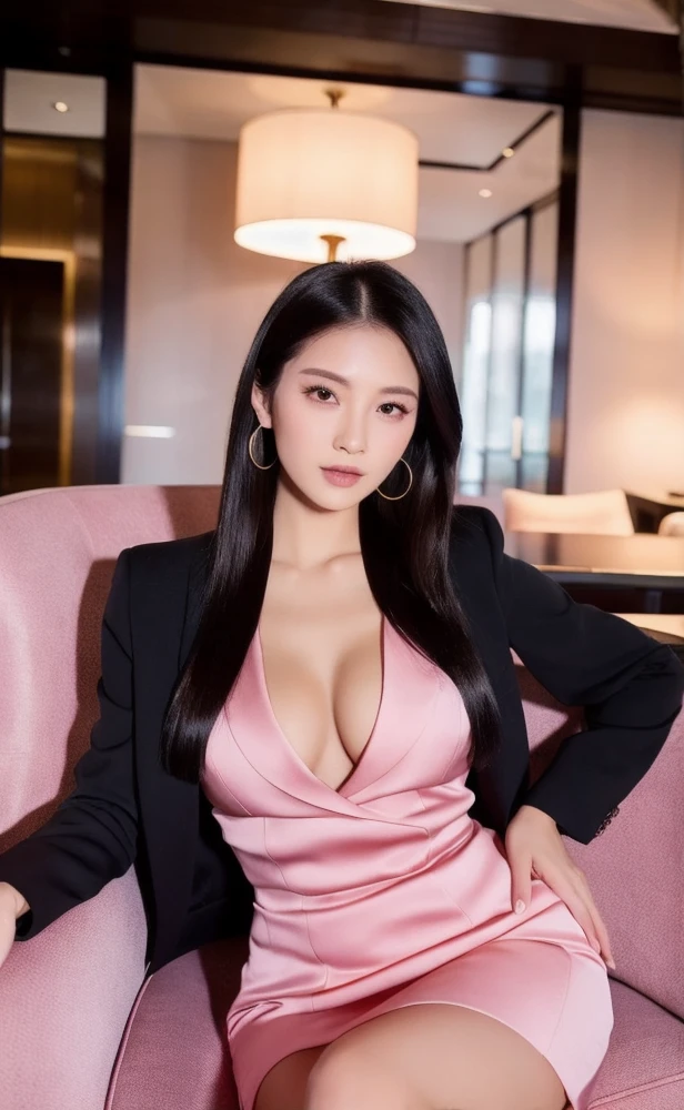 A woman in a pink dress sits on a chair, woman in suit, Wear tight clothing., young woman in a suit, Gorgeous Chinese model, in business attire, The jacket opened up to generous cleavage., โดยWear a business suit, cute woman, strict suit, Wear a business suit, good girl, beautiful asian girl, elegant suit, Wearing a light pink suit