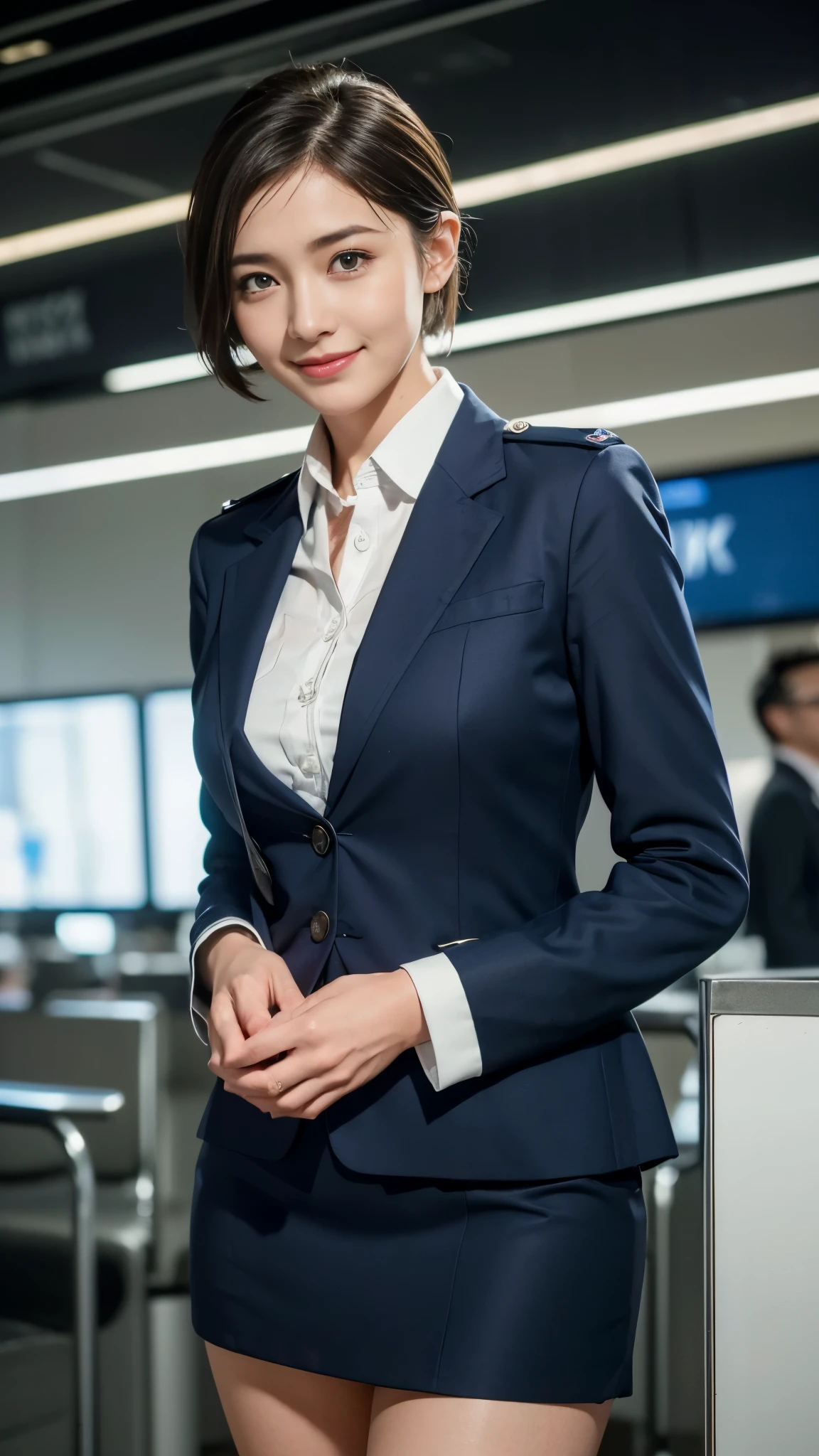 (dramatic angle)(stewardess uniform)Mix 4,ultra detail (8k, RAW Photos, 最high quality, masterpiece: 1.45), (Realistic, Photorealistic: 1.37), (Ultra high definition)(Textured skin)(Very detailed)(high quality)(最high quality)(First Person View)Cute woman,smile ,airport,short hair