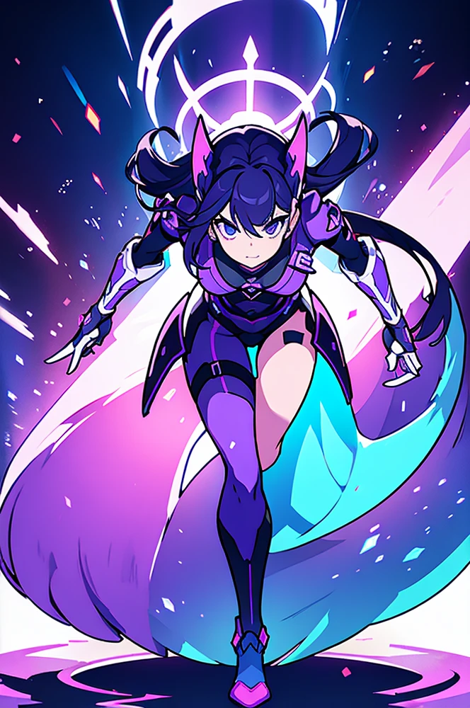 An image of a full body girl representing the colors of the bisexual flag which are rounded-purple-blue, a very dynamic pose image and a very nice background with a good contraste of lights and shadows and a good anatomy and face