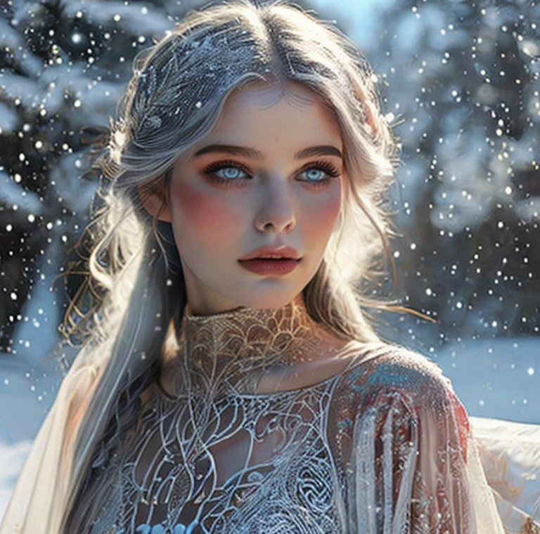 Beautiful girl, blue eyes, white hair, detailed facial traits, national turkic female dress, naked breasts, yurta behind, it's snowing