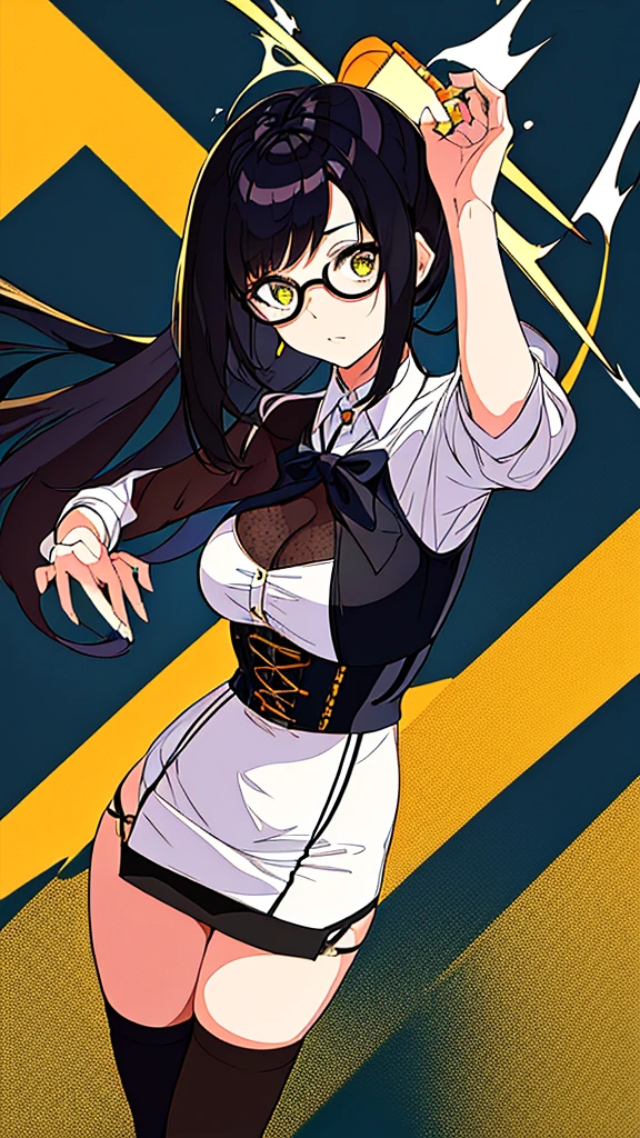 18-year-old woman with log black hair that is a little dirty and misaligned, with glasses, very white skin, yellow eyes, with a miniskirt that is too short, her clothes are very tight to her body, she has cleavage and she is very horny, she is wearing a corset, she is raising her bra with her hands a little trying to show her breasts a little, wearing long black stockings, she has cleavage