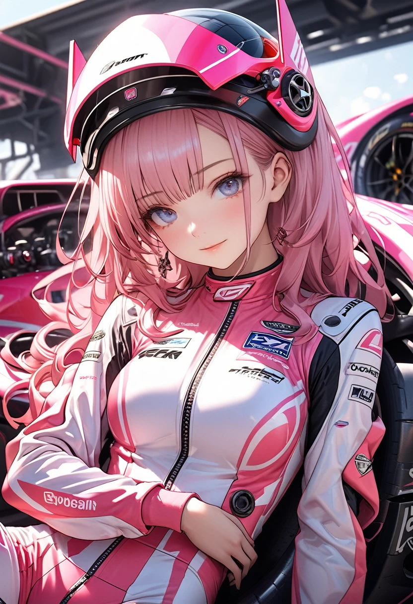 High resolution digital CG image, a beautiful futuristic girl is posing in front of a futuristic racing car,The girl has long hair with a mixture of white and pink hair.She is wearing a pink racing suit with mecha-style decorations, and there are many sponsor logos on the suit.The pink color racing car is a four-wheeled formula car type with a canopy in the cockpit.It has a futuristic cyber-like body shape and numerous sponsor logos on the body.Futuristic circuit starting grid background, holding a pink helmet under her arm and striking a cool pose next to her car.There are many pit crews around the car adjusting the tires and car body.A beautiful lace queen snuggles up to the girl、Cybertic expression of the future, the texture of beautiful hair, the luster of skin, the beauty of eyes, the luster and texture of a racing suit, the beauty of the racing car body and mechanical expression,(master piece4k, 8k,best quality1.2)ultra detail