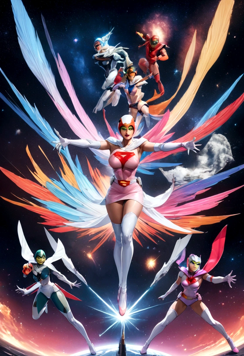 Gatchaman, (Masked superheroes), Iconic heroes, The Guardians of Earth, Science Ninja Team, (Stunning superheroes), (Vibrant colors), Space-themed costumes, Sleek gauntlets and helmets, Silver and blue agile figures, (Incredible detail), (Capital city backdrop), Defending humanity with courage, Spectacular pose, Iconic "KEN", "Joe", "Jun", "Kenichi", and "Jinpei", Patrolling the skies, Ready to battle the evil Galactor, Stunning visual treat, (Colorful animation),, Formations of spark, breasts, giga_busty, Hi3JTS