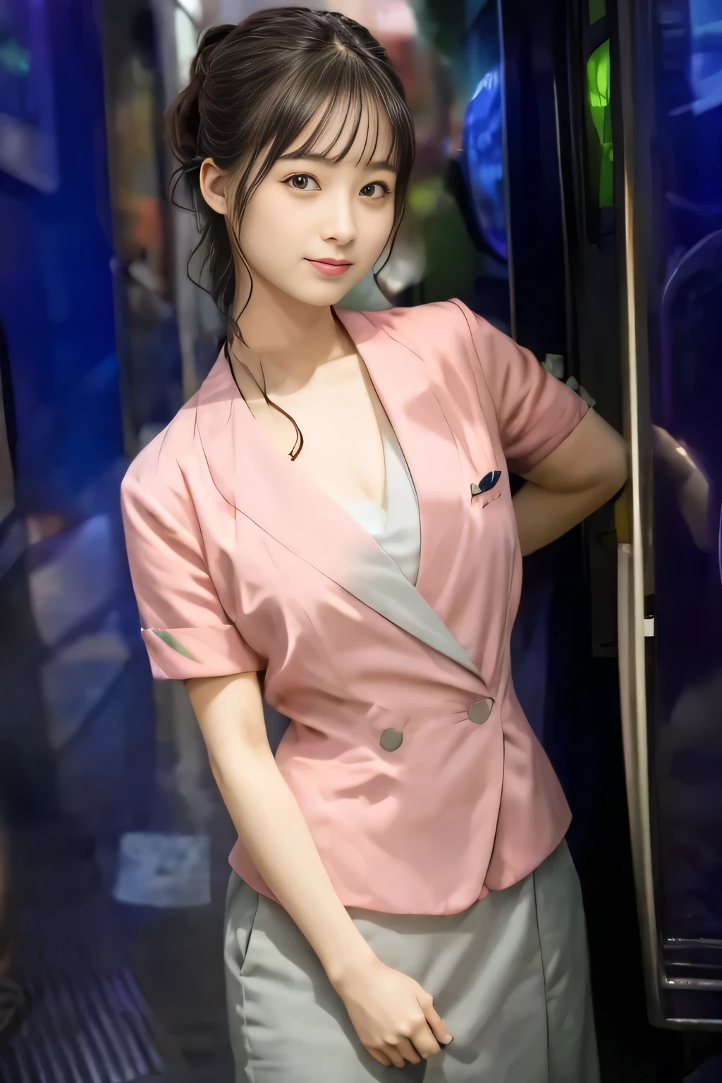 (masterpiece:1.2, highest quality:1.2), 32K HDR, High resolution, (alone、1 girl)、 (Height: 160cm)、(On the rooftop of a building in the daytime、Professional Lighting)、Building rooftop background、(Nankai train crew uniform pinkを着たリアルスタイル)、(Nankai train crew uniform pink short sleeve collarless pink jacket、Nankai Train Crew Uniform Pink Collarless Short Sleeve Blouse、Nankai Train Crew Uniform Pink Grey Knee-length Culottes)、Dark brown hair、(Hair tied up、Hair tied up、Evening curly hairstyle)、Dark brown hair、Long Shot、Big Breasts、Thin legs、((Great hands:2.0)),((Harmonious body proportions:1.5)),((Normal limbs:2.0)),((Normal finger:2.0)),((Delicate eyes:2.0)),((Normal eyes:2.0)))、smile、(Nankai Train Crew Uniform Pink Grey Knee-length Culottesを見せた美しい歩く姿)、Place your hands around your stomach、Lanyard employee ID card
