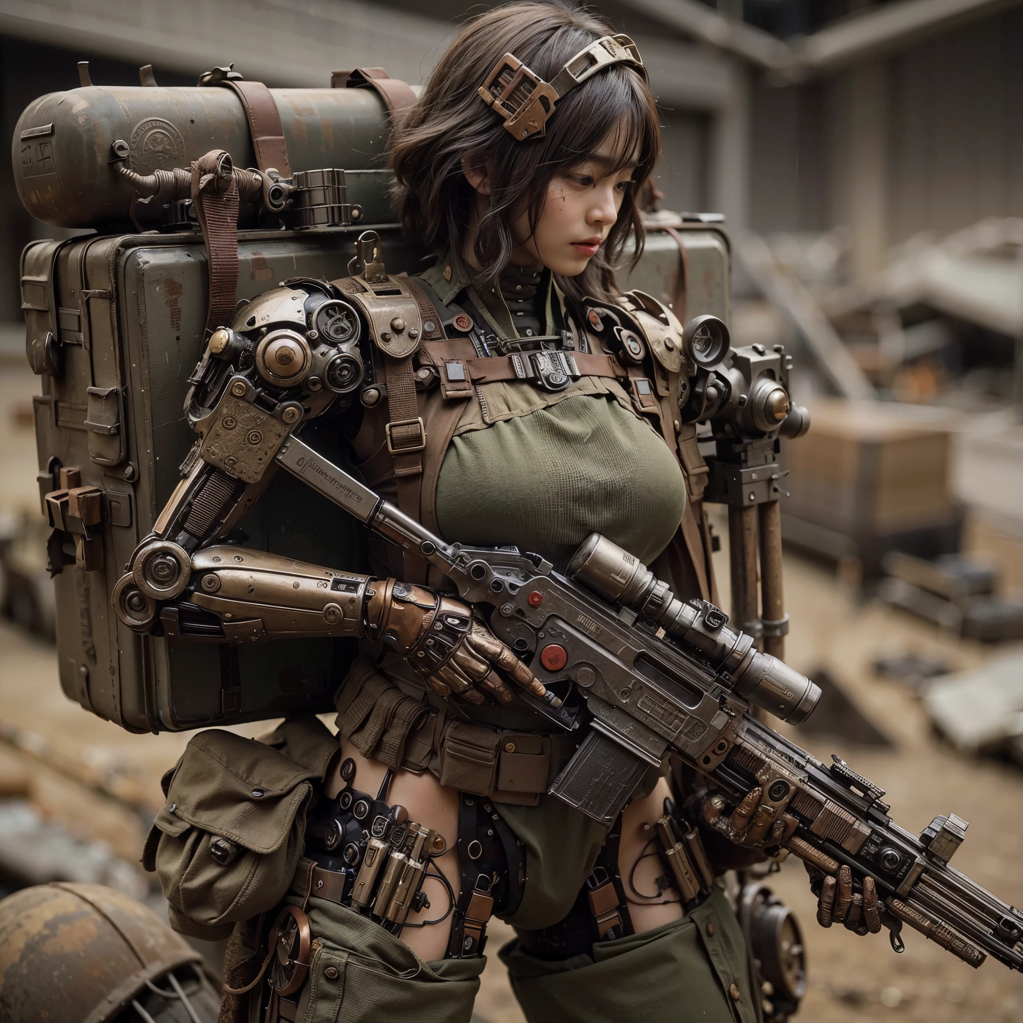 8k,Realistic Photo, Realistic Skin Texture, Superrealism, (WWII-like mechanical suit:1.2), collapsed city, heavy weapons,vivid textures,animal legs, gradation hair, japanese female soldier,(ultra beautiful face), ((super realistic all textures)), ((super intricate all details)), full body shot, ultra sharp photo result, Olive Drab color, scratch, Rust, weathering, steampunk, taken with Fuji film X-T30+Nokton. HDR10,Minimum of 4 pieces created