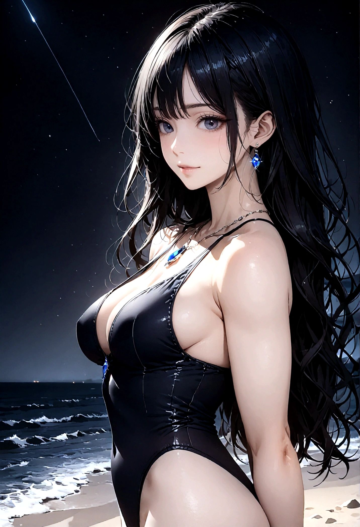 8k, masterpiece, RAW Photos, highest quality, Realistic, Very detailed, Depth of written boundary, Cinematic Light, Anatomically correct body,
One beautiful 40 year old woman, Very beautiful face, Exquisitely detailed face, (A calm and gentle face:1.4), Very delicate skin texture, Transparent muscle, Shiny white skin, Glamorous Body,
(Wavy black long hair:1.2), Sexy Breasts, Sexy ass,
(White high leg swimsuit:1.4), (Detailed cloth texture:1.2), (Gorgeous jewel-studded body chain accessories:1.3), (Gorgeous necklace:1.1), (Gorgeous earrings:1.1),
(Dark starry background:1.4), (Milky Way:1.1), (milky way:1.1), (shooting star:1.1), (Dark coastline at night:1.4), (Pitch black sea surface:1.4),
(Standing on the beach:1.2),
(Low angle shot:1.5),